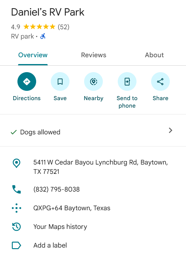 Google business details showing Daniel’s RV Park address, phone number, and dogs allowed